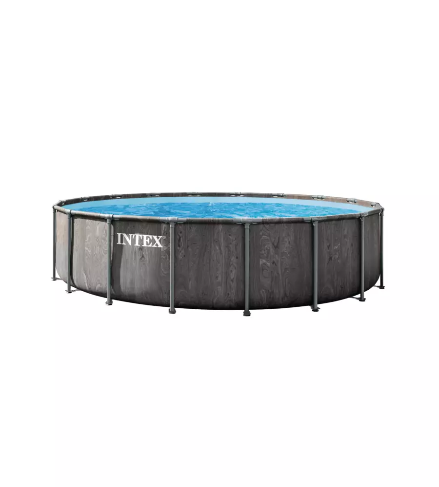 PISCINA FUORI TERRA CON STRUTTURA ROTONDA INTEX "PRISM GREYWOOD" CON POMPA FILTRO, SCALETTA, TELO BASE E TELO DI COPERTURA EFFETTO LEGNO GRIGIO 549X549X122 CM - COD. 26744ND