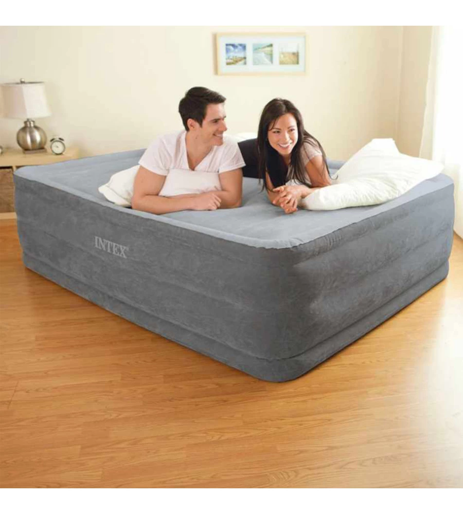 MATERASSO MATRIMONIALE GONFIABILE INTEX "DURA-BEAM COMFORT PLUSH HISE RISE" CON POMPA ELETTRICA INCORPORATA IN PVC GRIGIO 152X230X56 CM - COD. 64418