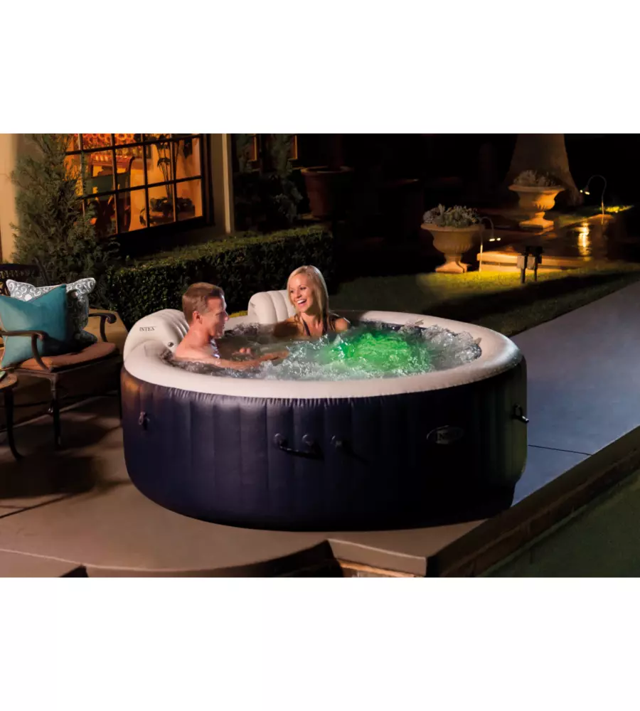 PISCINA IDROMASSAGGIO GONFIABILE INTEX "PURESPA BUBBLE MASSAGE" CON TELO BASE, TELO DI COPERTURA, DISPENSER PRODOTTI CHIMICI, LUCE LED E DUE POGGIATESTA 4 PERSONE BLU 196X196X71 CM - COD. 28430NP