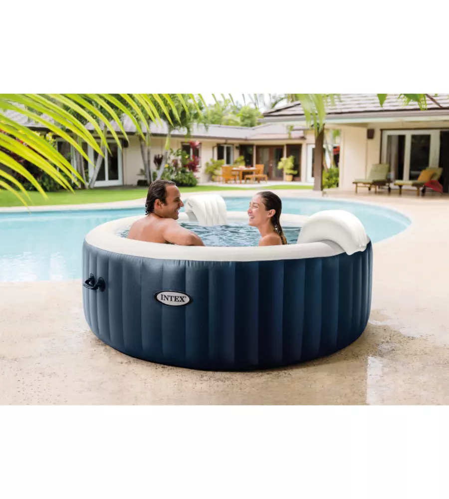 PISCINA IDROMASSAGGIO GONFIABILE INTEX "PURESPA BUBBLE MASSAGE" CON TELO BASE, TELO DI COPERTURA, DISPENSER PRODOTTI CHIMICI, LUCE LED E DUE POGGIATESTA 4 PERSONE BLU 196X196X71 CM - COD. 28430NP