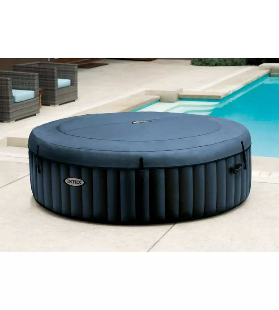PISCINA IDROMASSAGGIO GONFIABILE INTEX "PURESPA BUBBLE MASSAGE" CON TELO BASE, TELO DI COPERTURA, DISPENSER PRODOTTI CHIMICI, LUCE LED E DUE POGGIATESTA 6 PERSONE BLU 216X216X71 CM - COD. 28432NP