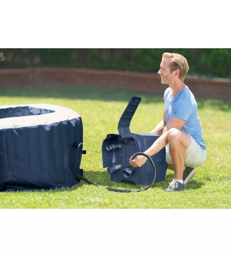 PISCINA IDROMASSAGGIO GONFIABILE INTEX "PURESPA BUBBLE MASSAGE" CON TELO BASE, TELO DI COPERTURA, DISPENSER PRODOTTI CHIMICI, LUCE LED E DUE POGGIATESTA 6 PERSONE BLU 216X216X71 CM - COD. 28432NP