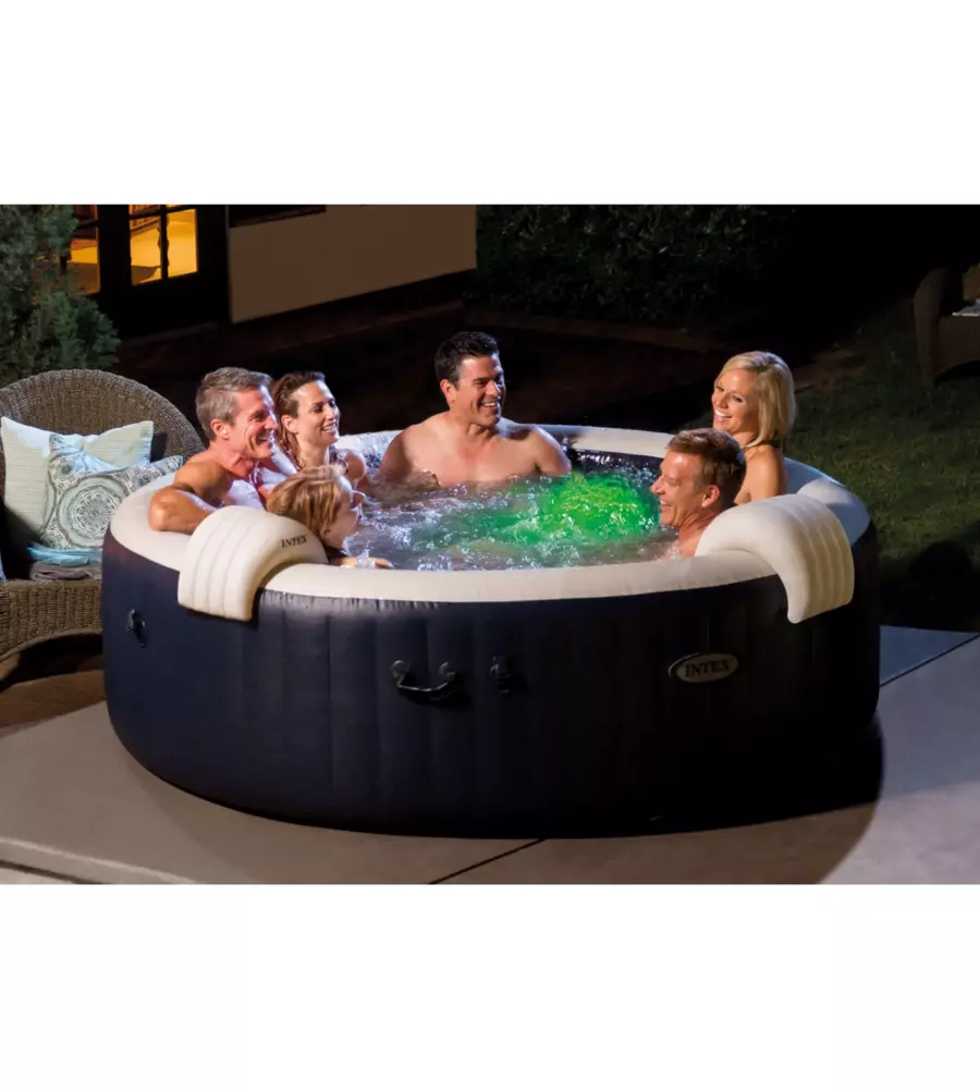 PISCINA IDROMASSAGGIO GONFIABILE INTEX "PURESPA BUBBLE MASSAGE" CON TELO BASE, TELO DI COPERTURA, DISPENSER PRODOTTI CHIMICI, LUCE LED E DUE POGGIATESTA 6 PERSONE BLU 216X216X71 CM - COD. 28432NP