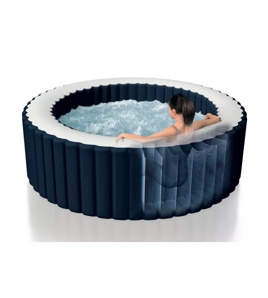 PISCINA IDROMASSAGGIO GONFIABILE INTEX "PURESPA BUBBLE MASSAGE" CON TELO BASE, TELO DI COPERTURA, DISPENSER PRODOTTI CHIMICI, LUCE LED E DUE POGGIATESTA 6 PERSONE BLU 216X216X71 CM - COD. 28432NP