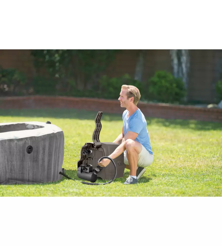 PISCINA IDROMASSAGGIO GONFIABILE INTEX "PURESPA GREYWOOD DELUXE" CON TELO BASE, TELO DI COPERTURA, DISPENSER, LUCE LED, DUE POGGIATESTA 4 PERSONE EFFETTO LEGNO GRIGIO 196X196X71 CM - COD. 28440NP