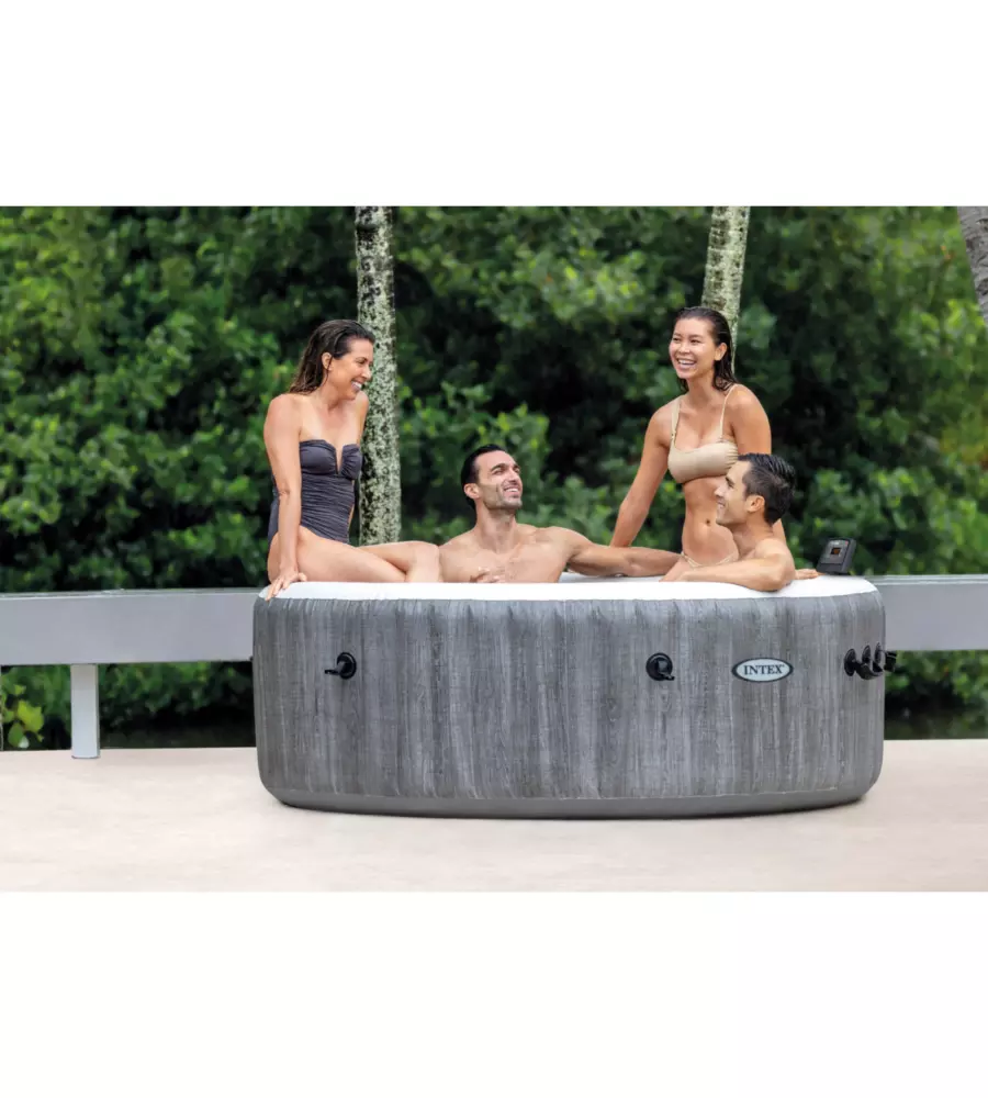 PISCINA IDROMASSAGGIO GONFIABILE INTEX "PURESPA GREYWOOD DELUXE" CON TELO BASE, TELO DI COPERTURA, DISPENSER, LUCE LED, DUE POGGIATESTA 4 PERSONE EFFETTO LEGNO GRIGIO 196X196X71 CM - COD. 28440NP