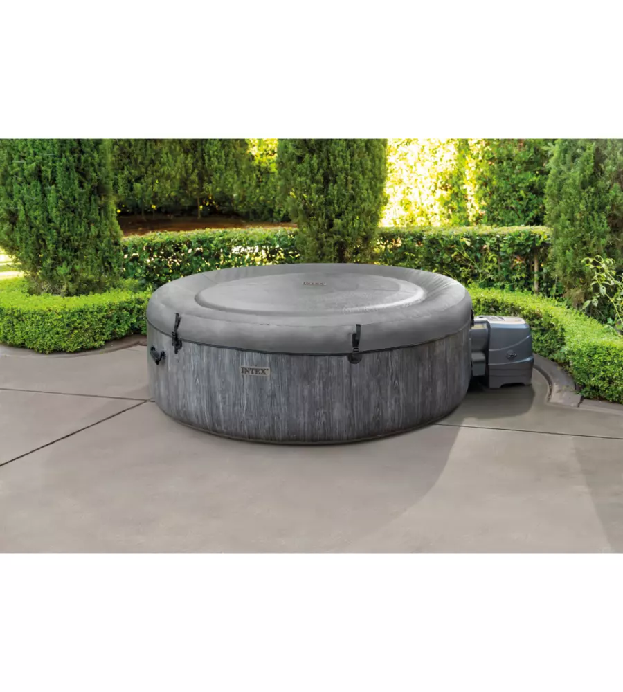 PISCINA IDROMASSAGGIO GONFIABILE INTEX "PURESPA GREYWOOD DELUXE" CON TELO BASE, TELO DI COPERTURA, DISPENSER, LUCE LED, DUE POGGIATESTA 6 PERSONE EFFETTO LEGNO GRIGIO 216X216X71 CM - COD. 28442NP
