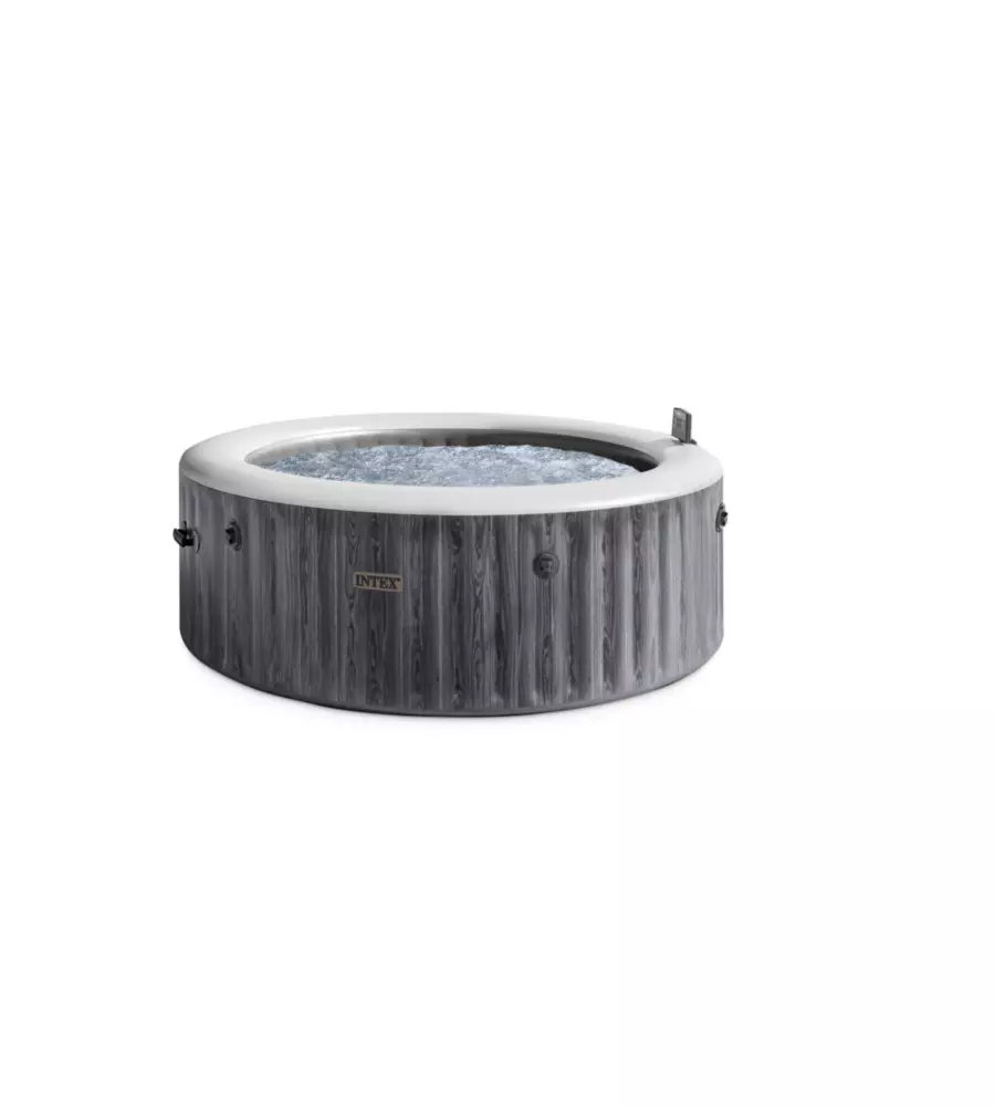 PISCINA IDROMASSAGGIO GONFIABILE INTEX "PURESPA GREYWOOD DELUXE" CON TELO BASE, TELO DI COPERTURA, DISPENSER, LUCE LED, DUE POGGIATESTA 6 PERSONE EFFETTO LEGNO GRIGIO 216X216X71 CM - COD. 28442NP