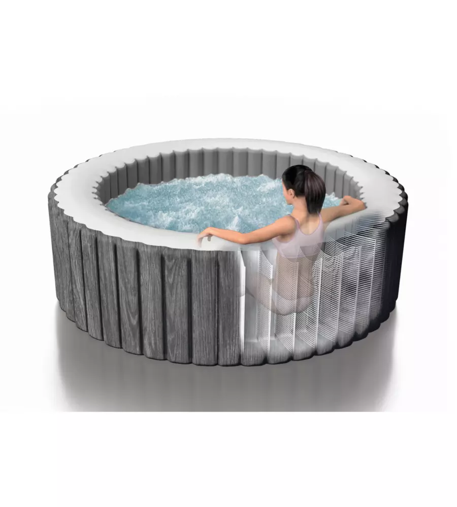 PISCINA IDROMASSAGGIO GONFIABILE INTEX "PURESPA GREYWOOD DELUXE" CON TELO BASE, TELO DI COPERTURA, DISPENSER, LUCE LED, DUE POGGIATESTA 6 PERSONE EFFETTO LEGNO GRIGIO 216X216X71 CM - COD. 28442NP