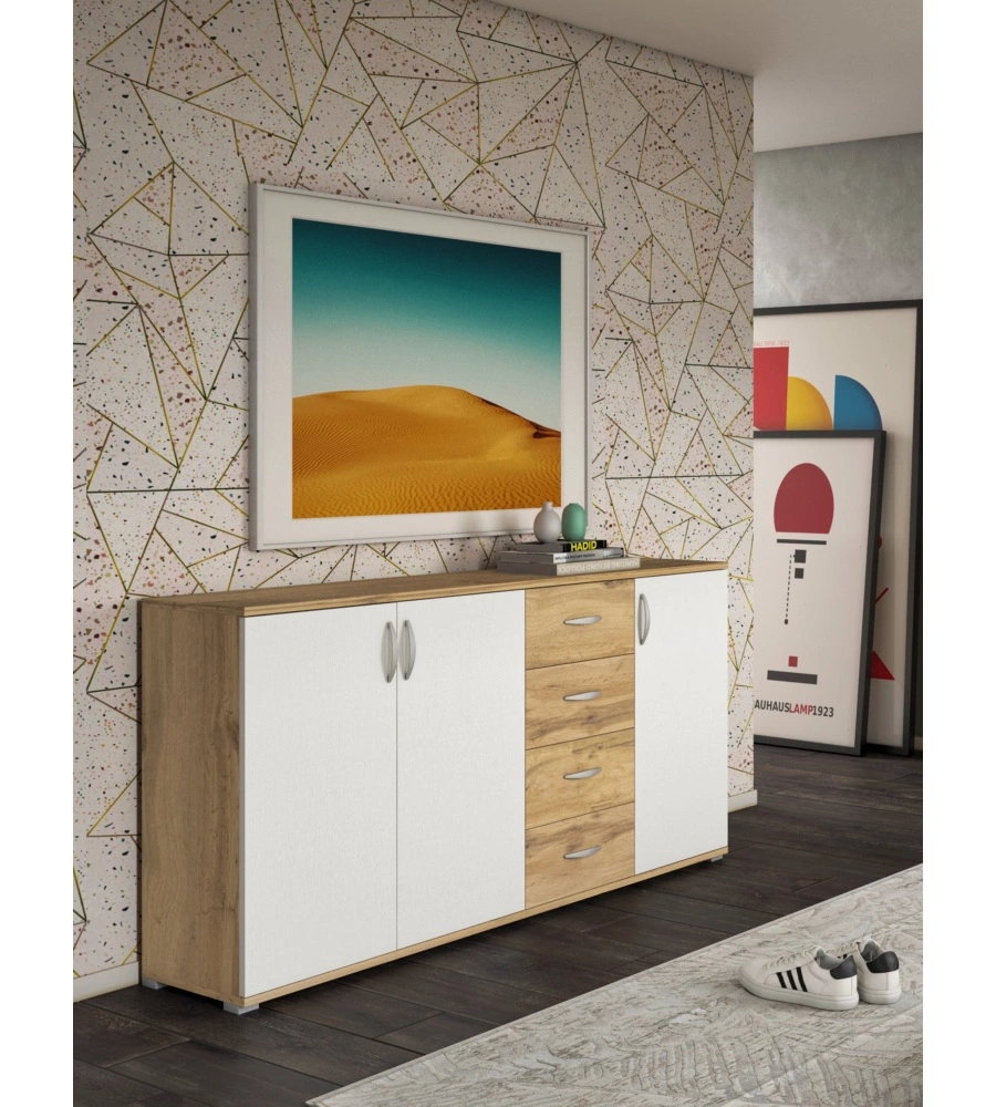 Credenza buffet BellaHome 3 ante 4 cassetti rovere e bianco 160x35x83 cm