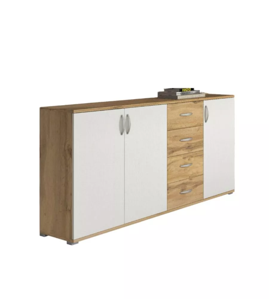 Credenza buffet BellaHome 3 ante 4 cassetti rovere e bianco 160x35x83 cm