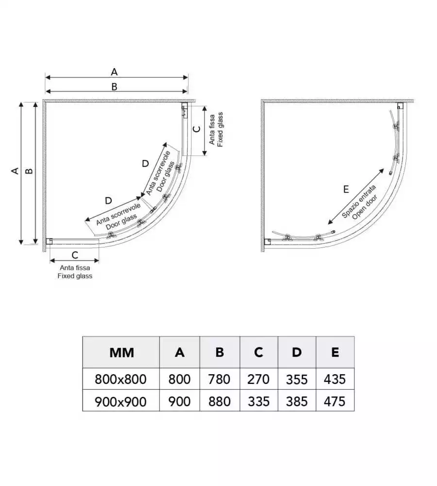 Box doccia "Marte" semicircolare cromato 90x90x195 cm