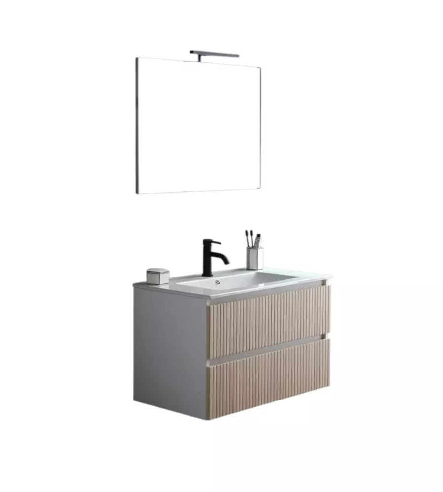 Mobile bagno sospeso "Ischia" 2 cassetti bianco cannettato rovere 80 cm