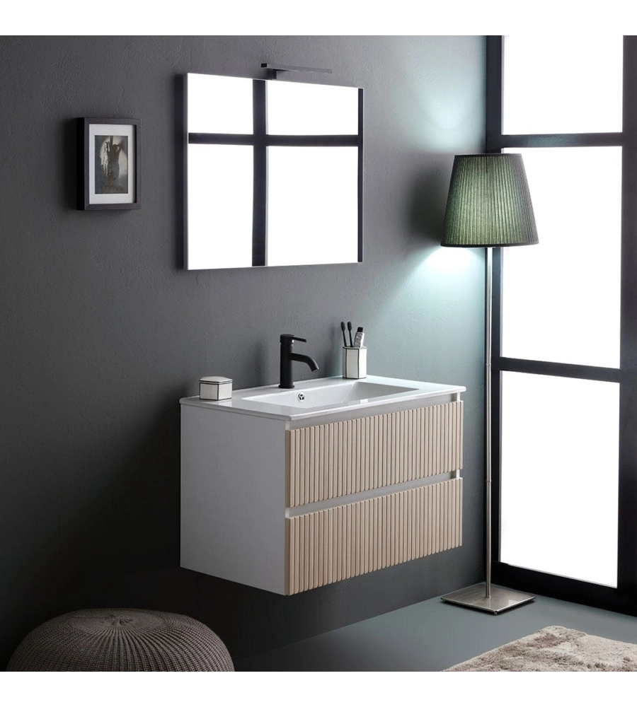 Mobile bagno sospeso "Ischia" 2 cassetti bianco cannettato rovere 80 cm
