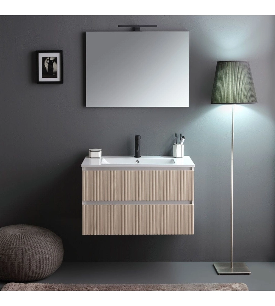 Mobile bagno sospeso "Ischia" 2 cassetti bianco cannettato rovere 80 cm