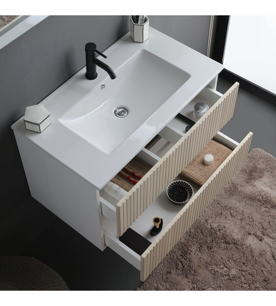 Mobile bagno sospeso "Ischia" 2 cassetti bianco cannettato rovere 80 cm