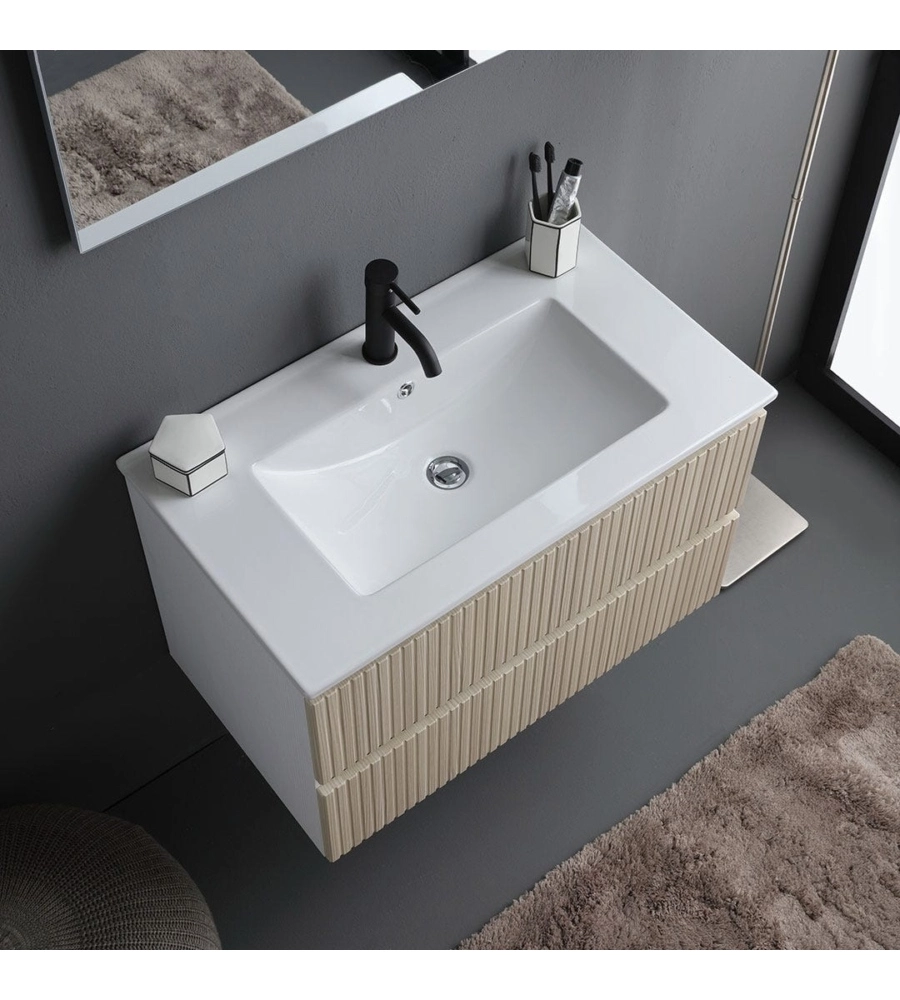 Mobile bagno sospeso "Ischia" 2 cassetti bianco cannettato rovere 80 cm