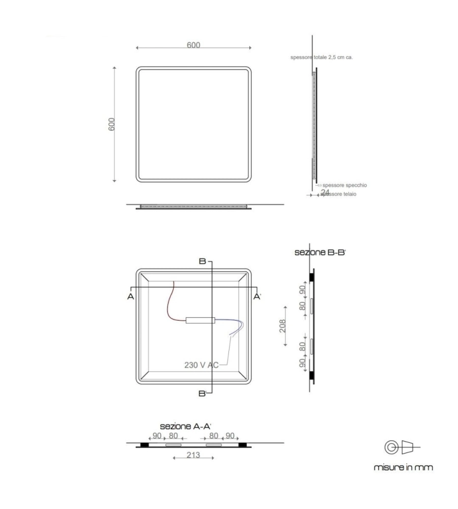 Specchiera quadrata stondata con led integrati 60x60 cm