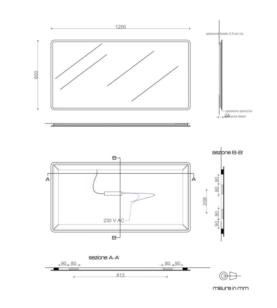 Specchiera rettangolare stondata con led integrati 120x60 cm