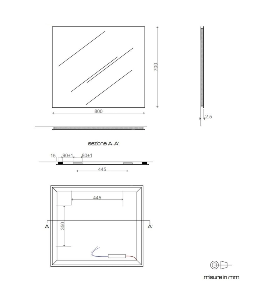 Specchiera rettangolare reversibile con illuminazione led 80x70 cm