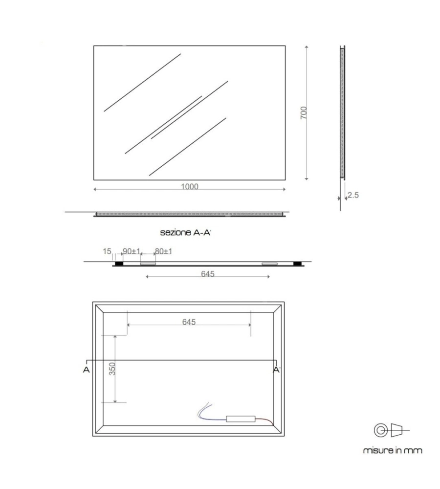 Specchiera rettangolare reversibile con illuminazione led 100x70 cm