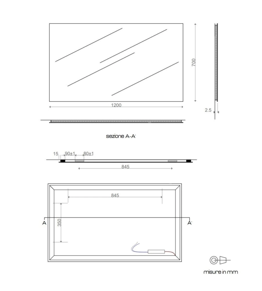 Specchiera rettangolare reversibile con illuminazione led 120x70 cm