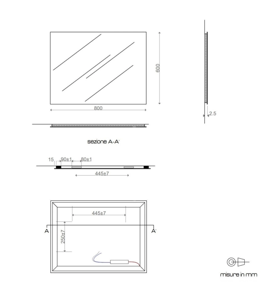 Specchiera rettangolare reversibile con illuminazione led 60x80 cm