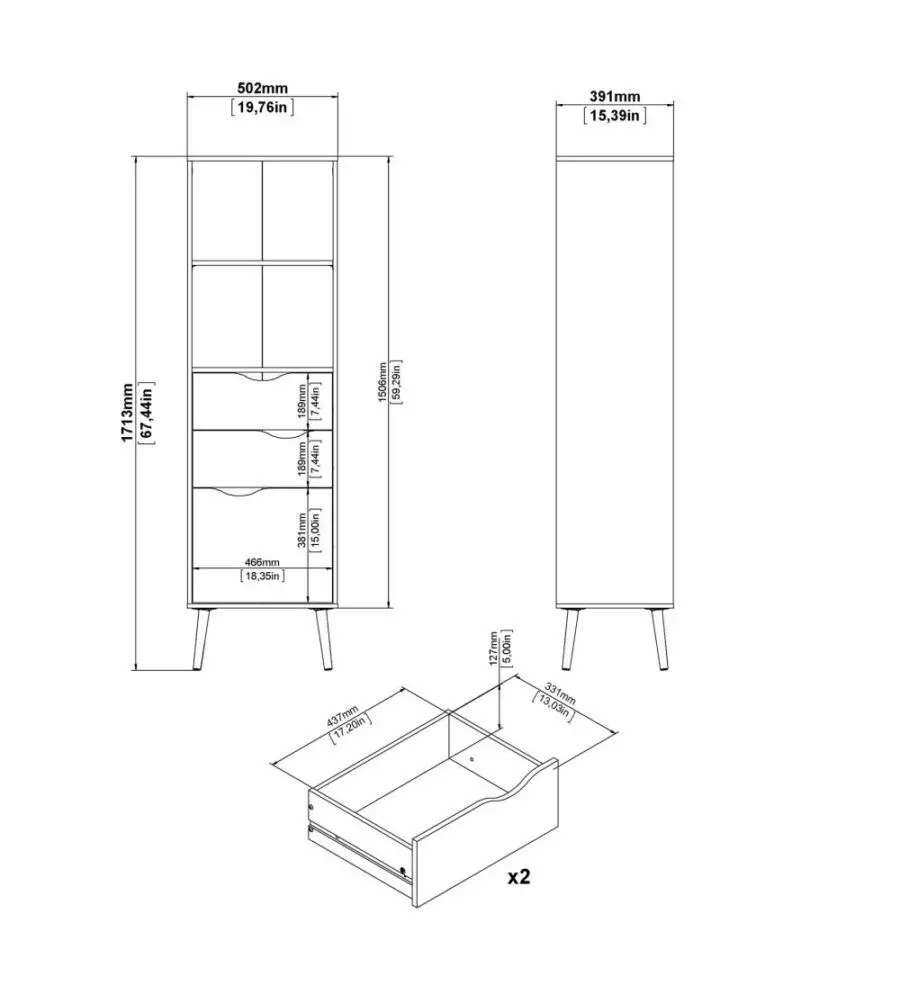 Vetrina 2 cassetti e 1 anta "Oslo" bianco e quercia 50,2x39,1x171,3 cm