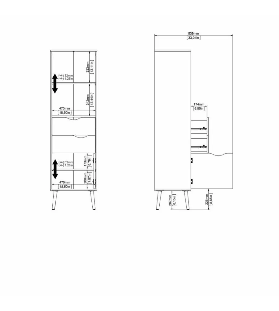 Vetrina 2 cassetti e 1 anta "Oslo" bianco e quercia 50,2x39,1x171,3 cm