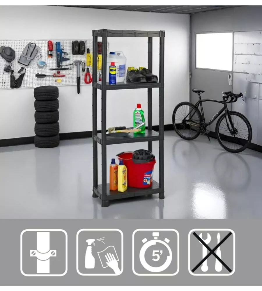 Set 2 scaffali 4 ripiani in polipropilene BellaHome "Iperione" nero portata 100 kg 60x30x143 cm