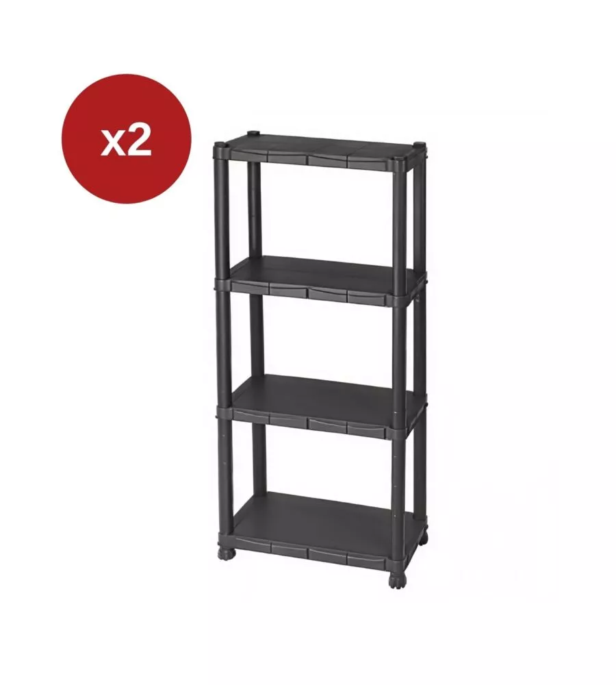 Set 2 scaffali 4 ripiani in polipropilene BellaHome "Iperione" nero portata 100 kg 60x30x143 cm