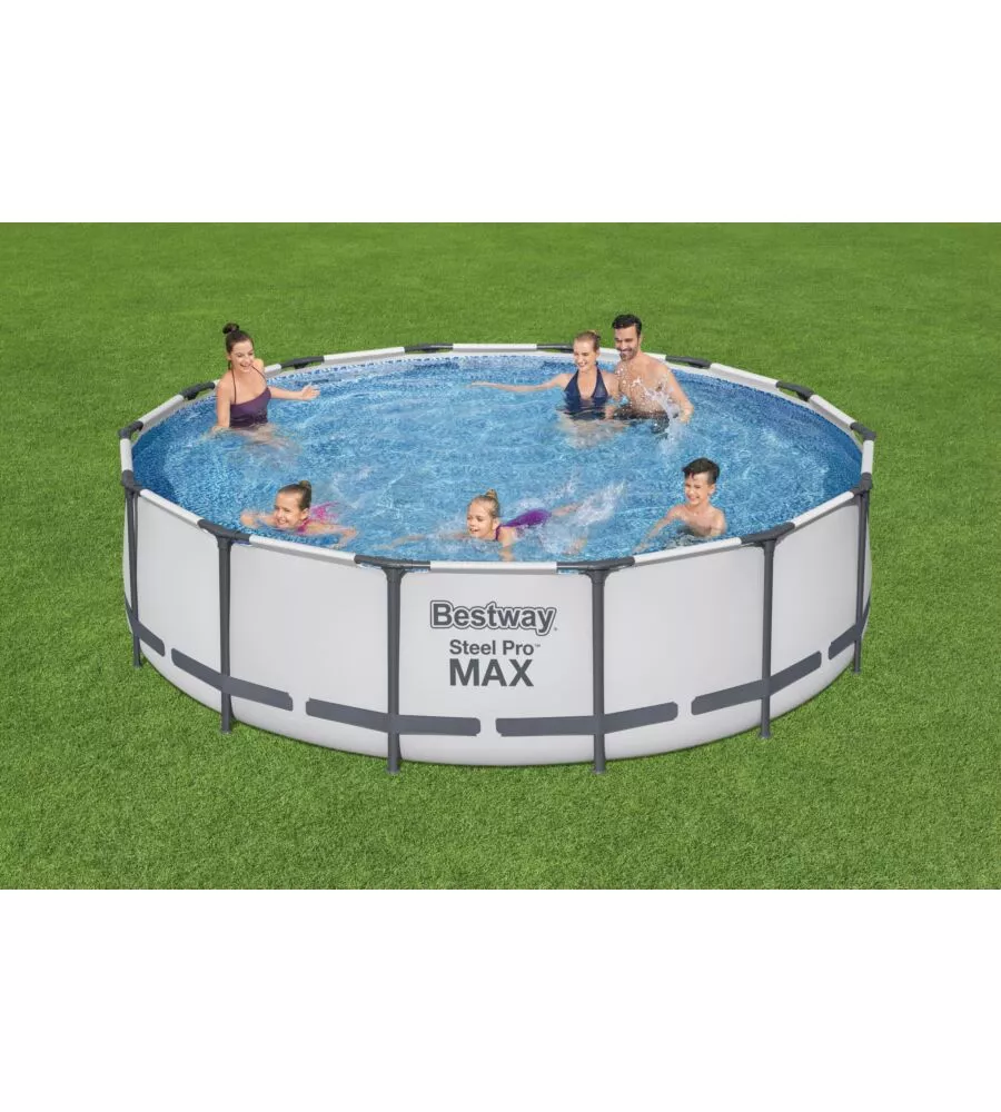 PISCINA FUORI TERRA CON STRUTTURA ROTONDA BESTWAY "STEEL PRO MAX" CON POMPA FILTRO, CARTUCCIA, COPERTURA, SCALETTA 427X427X107 CM - COD. 56950-3