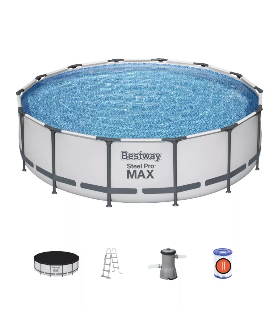 PISCINA FUORI TERRA CON STRUTTURA ROTONDA BESTWAY "STEEL PRO MAX" CON POMPA FILTRO, CARTUCCIA, COPERTURA, SCALETTA 427X427X107 CM - COD. 56950-3
