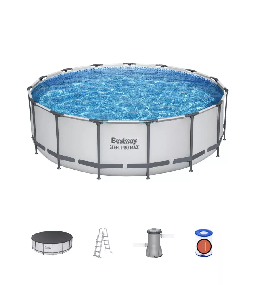 PISCINA FUORI TERRA CON STRUTTURA ROTONDA BESTWAY "STEEL PRO MAX" CON POMPA FILTRO, CARTUCCIA. SCALETTA, COPERTURA PISCINA 457X457X122 CM - COD. 56438-5