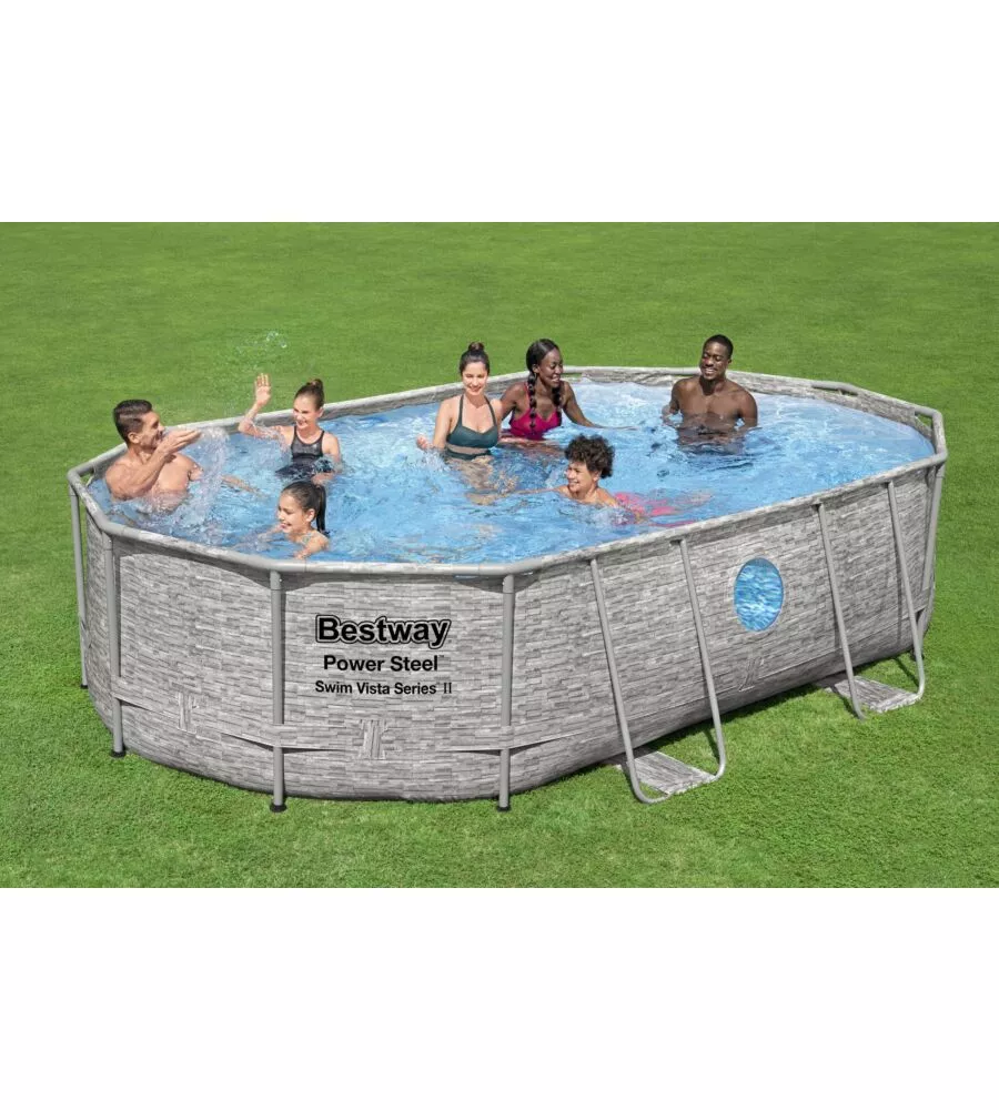 PISCINA FUORI TERRA CON STRUTTURA OVALE BESTWAY "POWER STEEL SWIM VISTA SERIES" CON FILTRO SABBIA, COPERTURA, SCALETTA E CHEMCONNECT 488X305X107 CM - COD. 56946-4