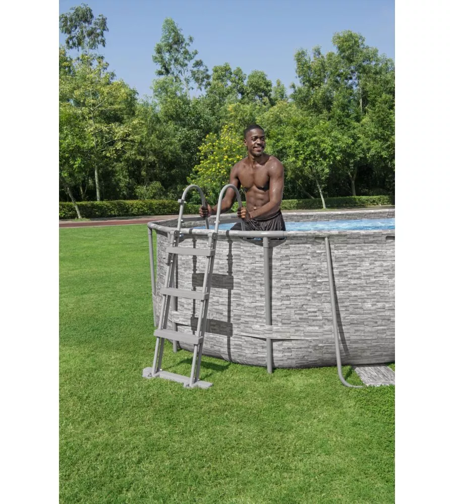 PISCINA FUORI TERRA CON STRUTTURA OVALE BESTWAY "POWER STEEL SWIM VISTA SERIES" CON FILTRO SABBIA, COPERTURA, SCALETTA E CHEMCONNECT 488X305X107 CM - COD. 56946-4