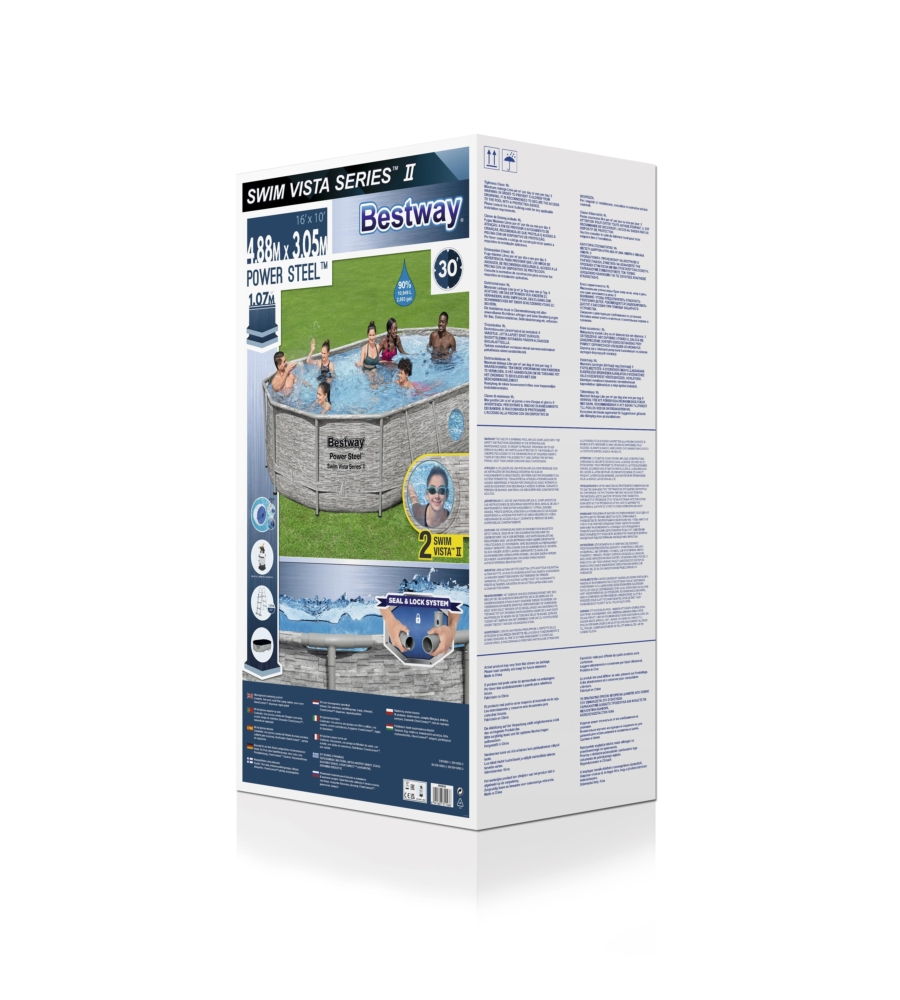 PISCINA FUORI TERRA CON STRUTTURA OVALE BESTWAY "POWER STEEL SWIM VISTA SERIES" CON FILTRO SABBIA, COPERTURA, SCALETTA E CHEMCONNECT 488X305X107 CM - COD. 56946-4