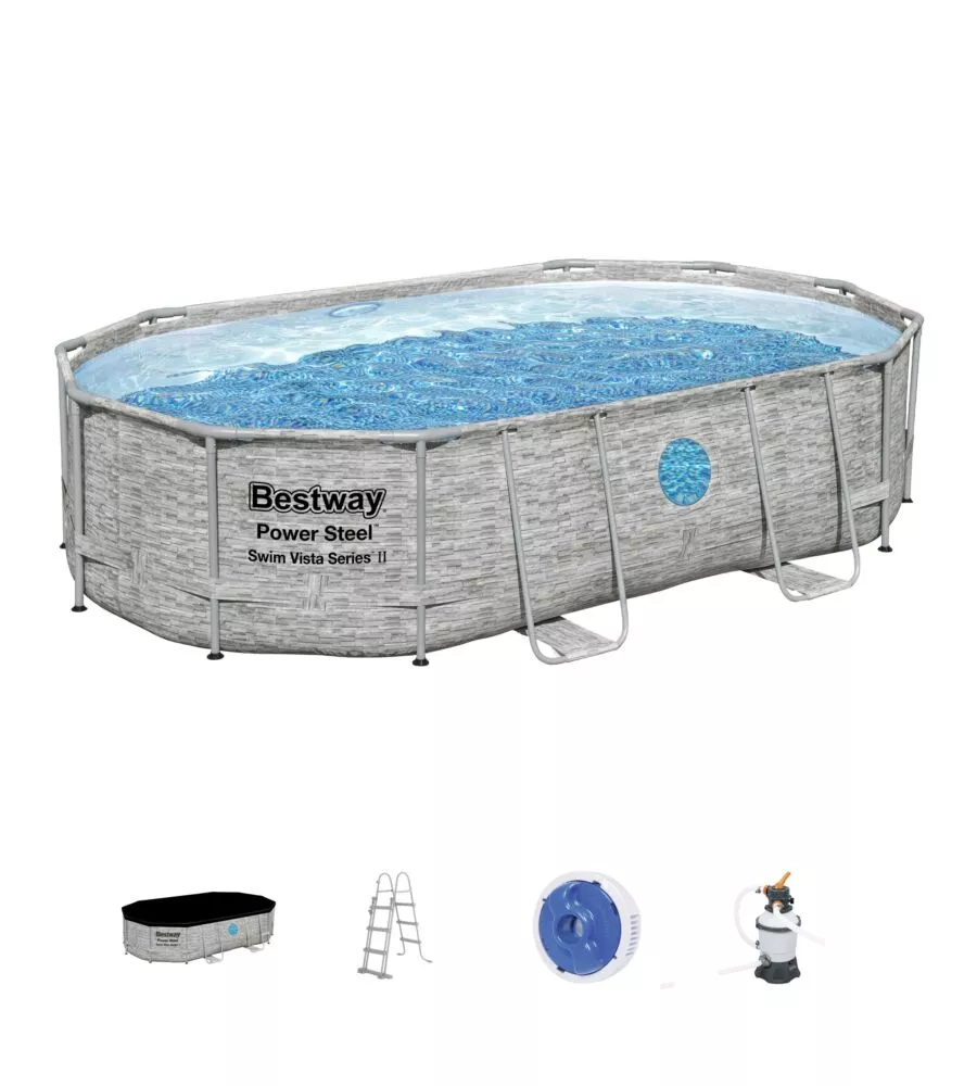 PISCINA FUORI TERRA CON STRUTTURA OVALE BESTWAY "POWER STEEL SWIM VISTA SERIES" CON FILTRO SABBIA, COPERTURA, SCALETTA E CHEMCONNECT 488X305X107 CM - COD. 56946-4
