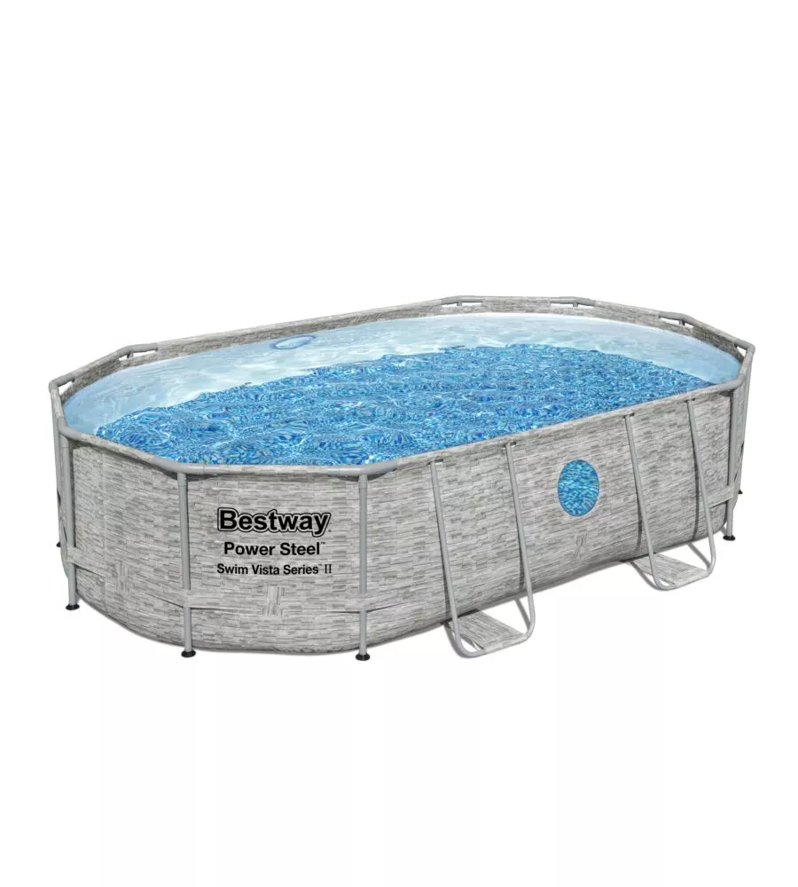 PISCINA FUORI TERRA CON STRUTTURA OVALE BESTWAY "POWER STEEL SWIM VISTA SERIES" CON FILTRO SABBIA, COPERTURA, SCALETTA E CHEMCONNECT 488X305X107 CM - COD. 56946-4