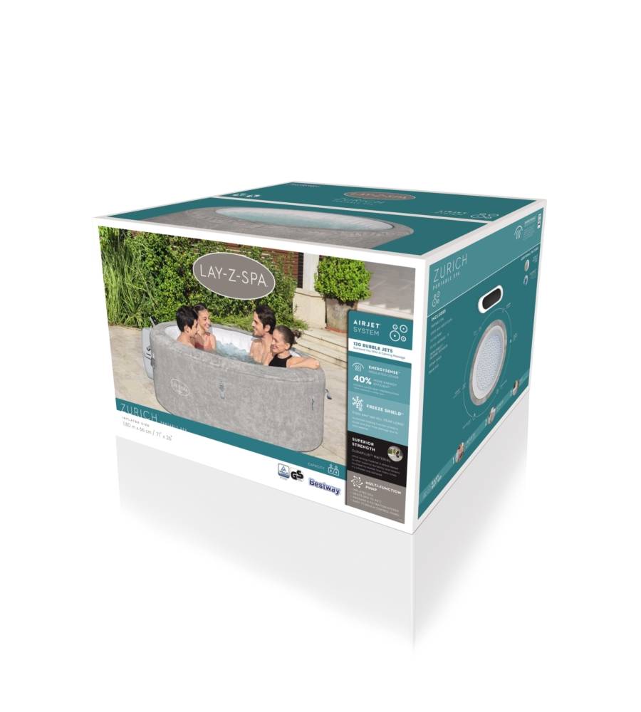 PISCINA IDROMASSAGGIO GONFIABILE BESTWAY "LAY-Z-SPA ZURICH ENERGY SENSE AIRJET" CON CARTUCCIA, CHEMCONNCET E COPERTURA 4 POSTI 180X180X66 CM - COD. 60065