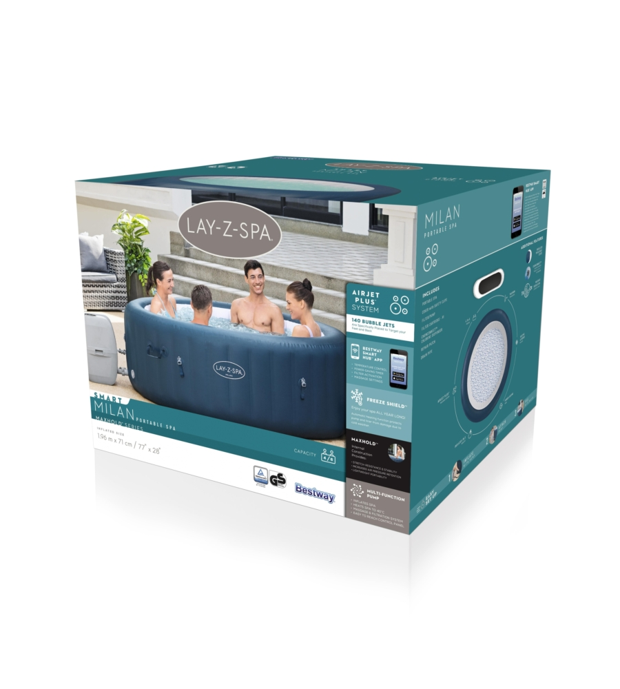 PISCINA IDROMASSAGGIO GONFIABILE BESTWAY "LAY-Z-SPA MILAN SMART AIRJET PLUS" CON CARTUCCIA, COPERTURA E CHEMCONNECT 6 PERSONE 196X196X71 CM - COD. 60029