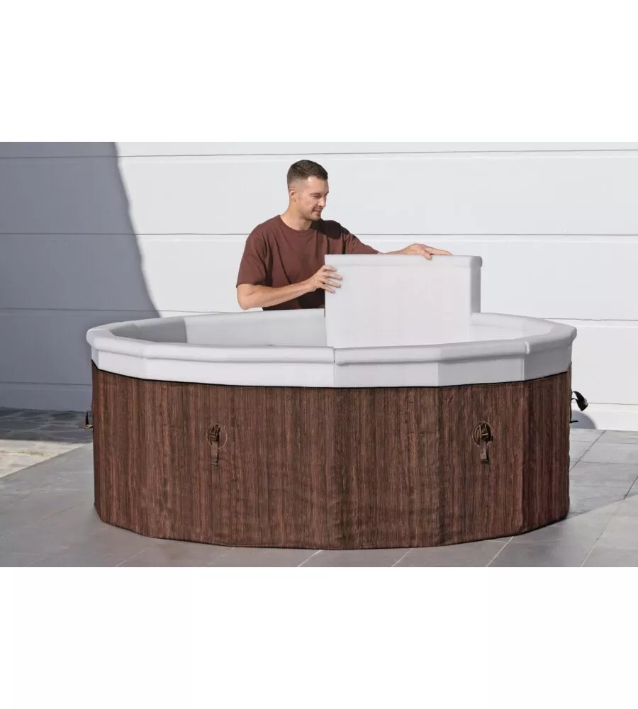 PISCINA IDROMASSAGGIO GONFIABILE BESTWAY "LAY-Z-SPA TORONTO" CON CARTUCCIA, CHEMCONNECT, COPERTURA, 5 POGGIATESTA EFFETTO LEGNO 7 POSTI 190X190X70 CM - COD. 6001W