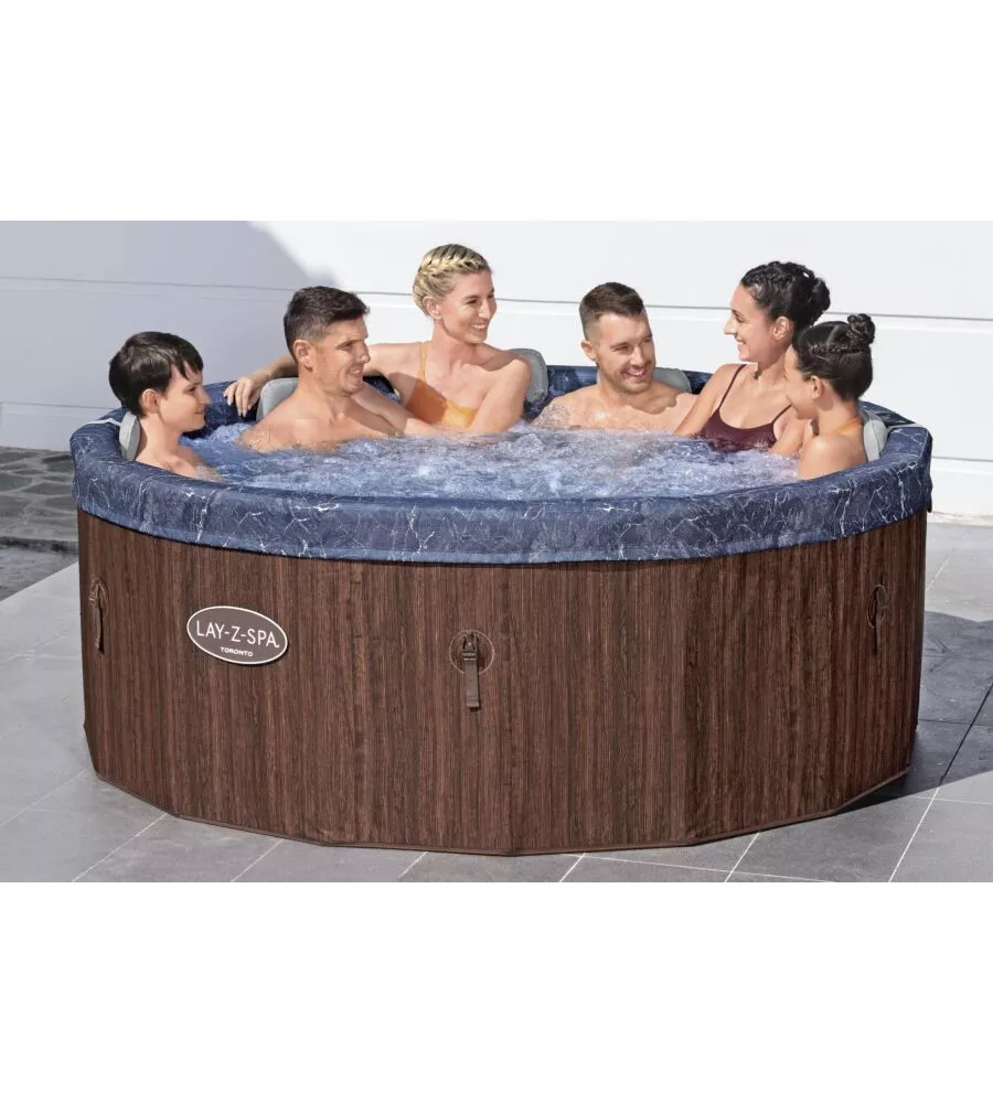 PISCINA IDROMASSAGGIO GONFIABILE BESTWAY "LAY-Z-SPA TORONTO" CON CARTUCCIA, CHEMCONNECT, COPERTURA, 5 POGGIATESTA EFFETTO LEGNO 7 POSTI 190X190X70 CM - COD. 6001W