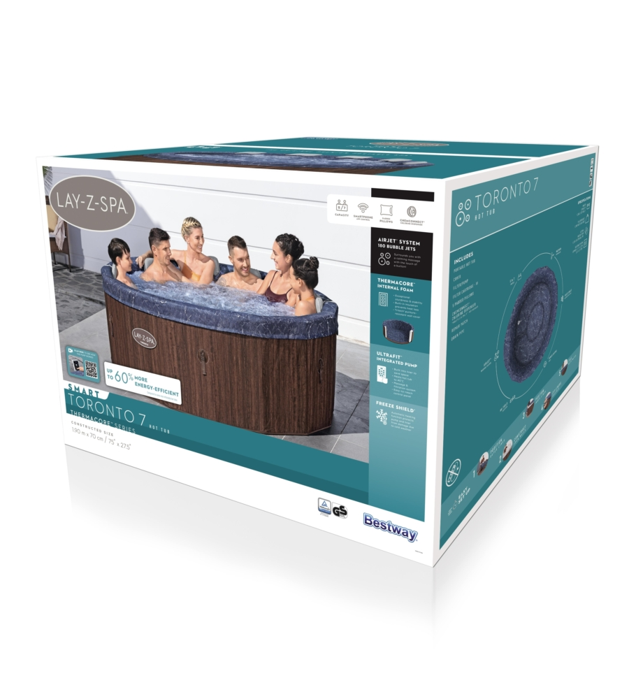 PISCINA IDROMASSAGGIO GONFIABILE BESTWAY "LAY-Z-SPA TORONTO" CON CARTUCCIA, CHEMCONNECT, COPERTURA, 5 POGGIATESTA EFFETTO LEGNO 7 POSTI 190X190X70 CM - COD. 6001W