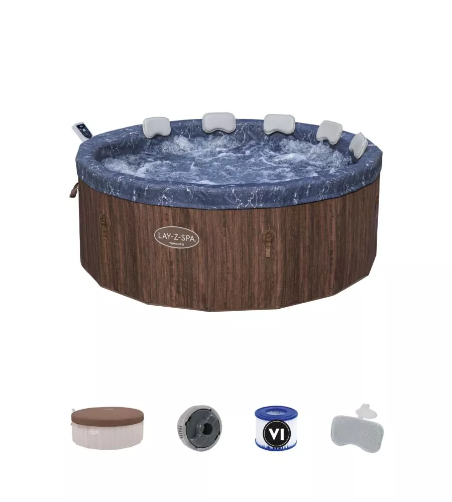 PISCINA IDROMASSAGGIO GONFIABILE BESTWAY "LAY-Z-SPA TORONTO" CON CARTUCCIA, CHEMCONNECT, COPERTURA, 5 POGGIATESTA EFFETTO LEGNO 7 POSTI 190X190X70 CM - COD. 6001W