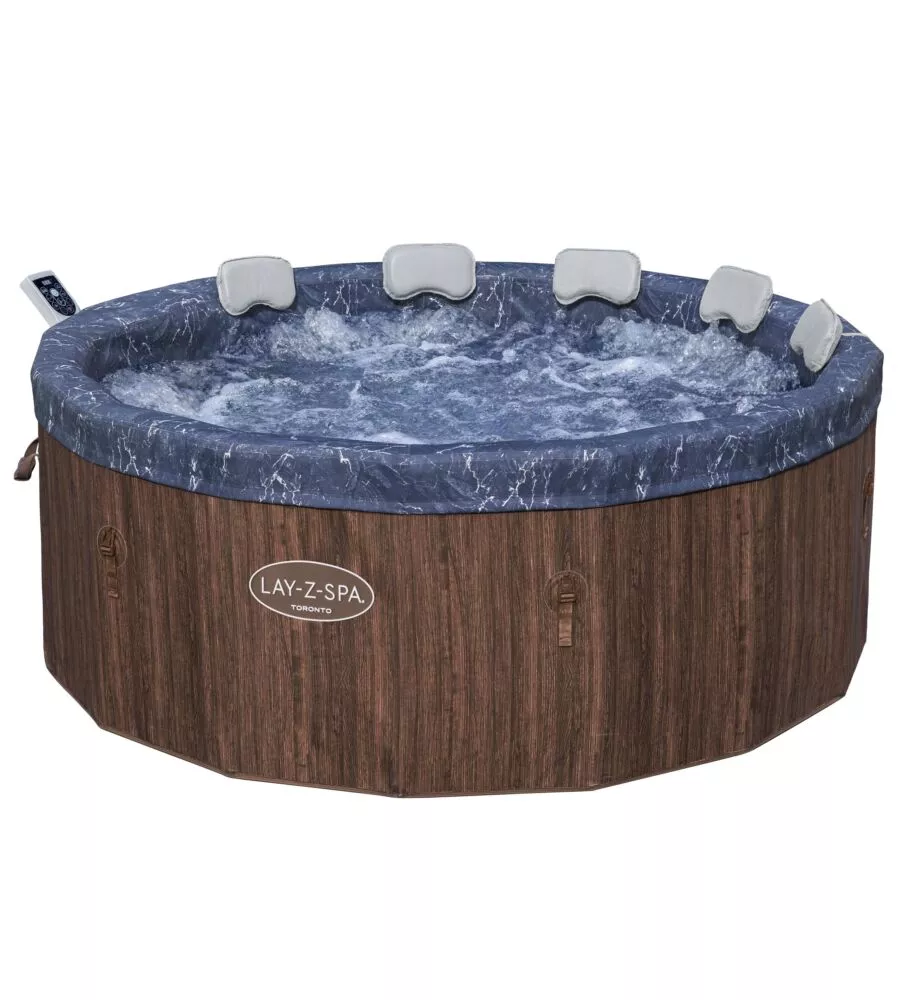 PISCINA IDROMASSAGGIO GONFIABILE BESTWAY "LAY-Z-SPA TORONTO" CON CARTUCCIA, CHEMCONNECT, COPERTURA, 5 POGGIATESTA EFFETTO LEGNO 7 POSTI 190X190X70 CM - COD. 6001W