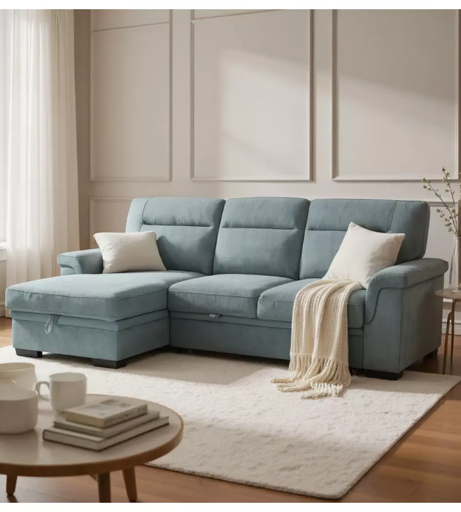 Divano angolare BellaHome "Erika" in tessuto azzurro zaffiro con penisola a sinistra 247x93/164x102 cm