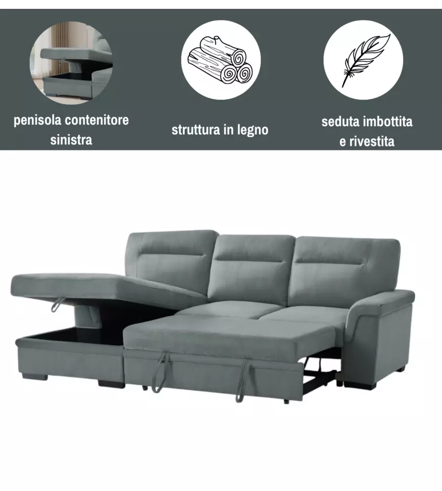 Divano angolare BellaHome "Erika" in tessuto azzurro zaffiro con penisola a sinistra 247x93/164x102 cm