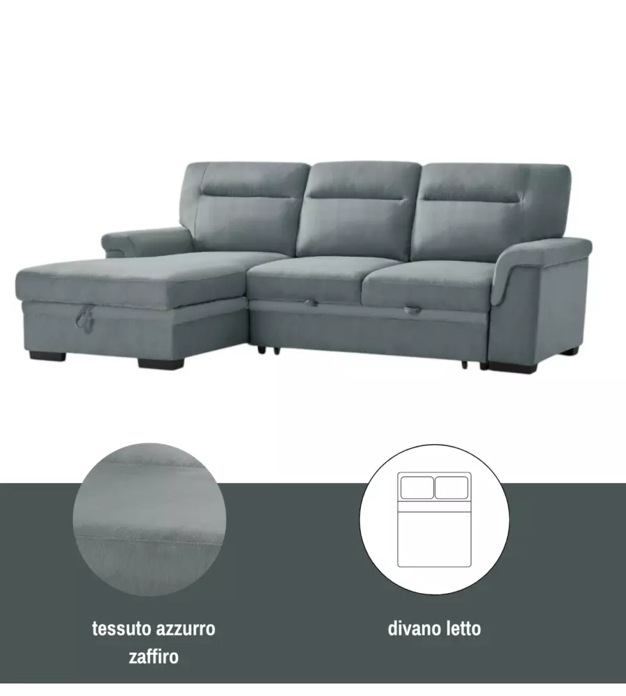 Divano angolare BellaHome "Erika" in tessuto azzurro zaffiro con penisola a sinistra 247x93/164x102 cm