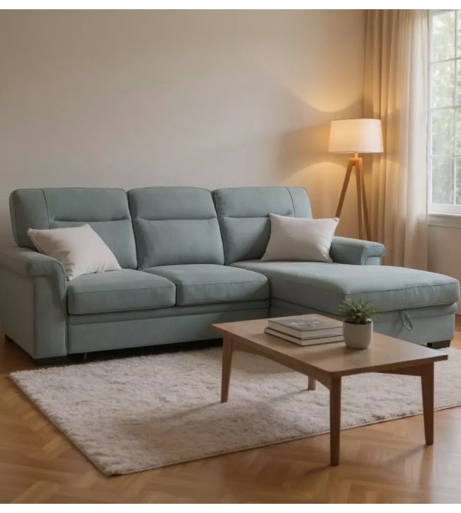 Divano angolare BellaHome "Erika" in tessuto azzurro zaffiro con penisola a destra 247x93/164x102 cm